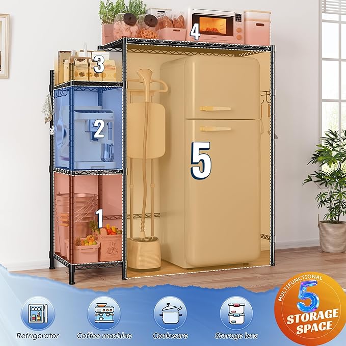 REIBII Mini Fridge Cabinet with Storage Shelves,4 Tier Space-Saving Dorm Room Mini Fridge Stand,Adjustable Utility Microwave Stand Storage Education Shelf for Dorm Kitchen,38.1Wx18.11Dx52.36H