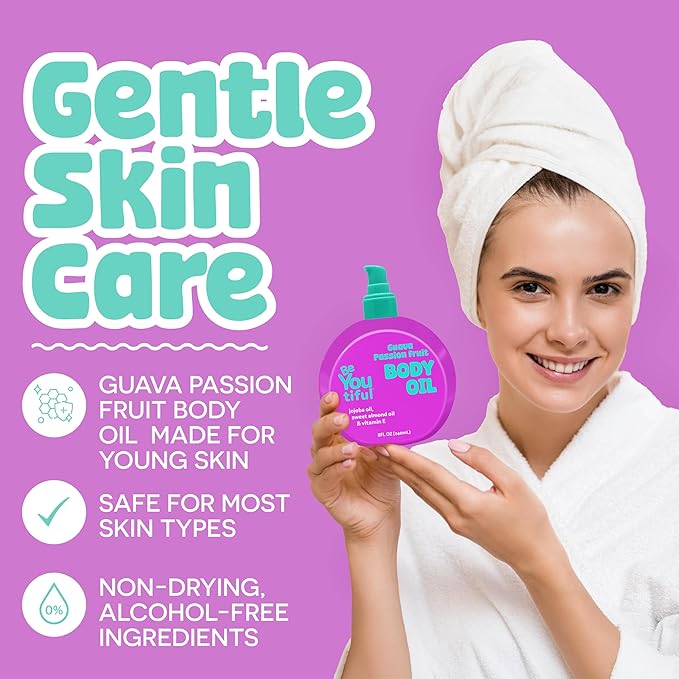BeYoutiful Moisturizing Body Oil for Kids & Teens, Easter Basket Stuffers, Guava Passion Fruit Glow Oil with Jojoba & Sweet Almond, Hydrating Bath Oil, 8 oz, Easter Gifts for Kids