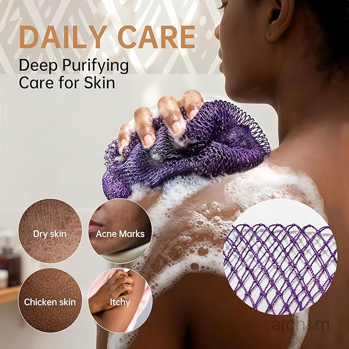 ARCH&M African Exfoliating Net Sponge - Authentic African Net Sponge with Knots for Daily Use Afroscrub Exfoliating Wash Cloths for Body Scrubber Back Scrub Exfoliator for Shower Bath Accessories