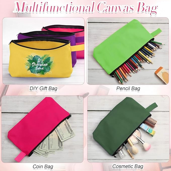 Reginary 60 Pcs Multicolor 60 Pieces Canvas Makeup Bags Bulk Portable Travel Cosmetic Pouch Multipurpose Blank Toiletry Bag with Zipper for Women DIY Craft (7.5 x 5 x 2 Inch)