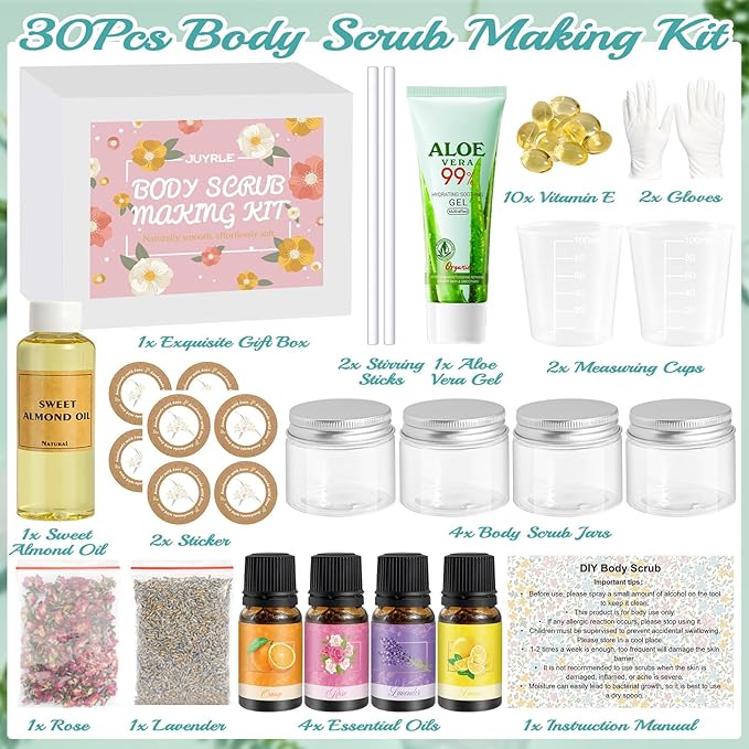 Body Scrub Making Kit- Make Your Own Salt Body Scrub with Almond Oil, Essential Oils, Moisturizing and Exfoliating Dry Skin Hand Foot DIY Organic Body Scrubs Christmas Gifts For Women & Men