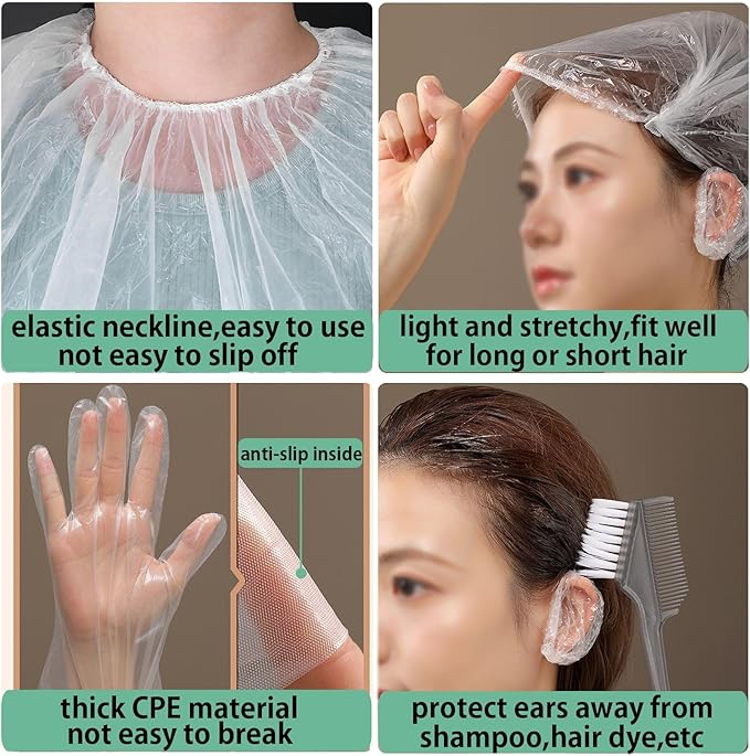 50 Pack Disposable Hair Dye Cape Waterproof Hair Color Cutting Cape Short Comb Out Beauty Salon Cape for Clients Hair Stylist Bleach Shampoo 39.3in with Caps Ear Covers Gloves