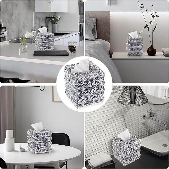 Sumnacon Crystal Square Tissue Box Cover - Sparkling Cube Glass Tissue Box Holder, Decorative Facial Tissue Holder for Bedroom Bathroom Dresser Night Stand Table Countertop Home Decor, Silver