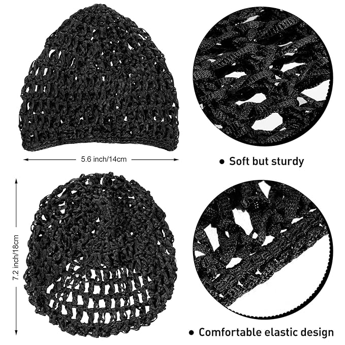 Geyoga 4 Pieces Mesh Crochet Hair Net Rayon Knit Snood Hat Thick Short Women Hairnet Snoods Cover Ornament for Sleeping (Black, Blue)