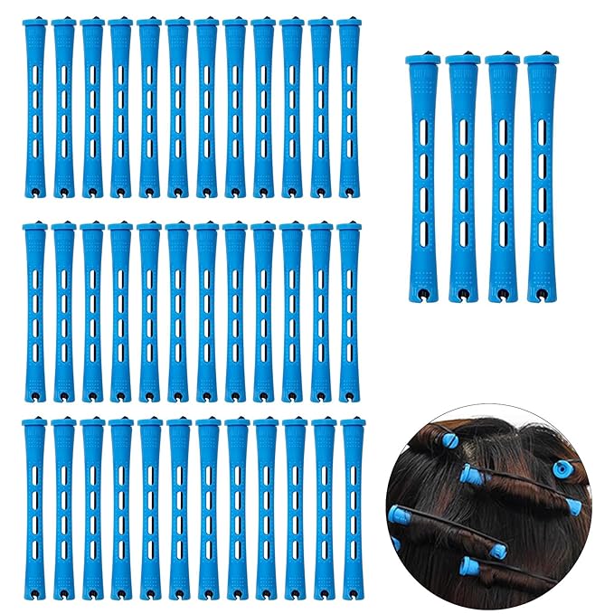 40 Pieces Plastic Perm Rods Set, Cold Wave Rod, Non-Slip Hair Rollers, Perming Curlers with Elastic Rubber Band For Women’s Short Long Natural Hair(Blue,0.35 Inch)