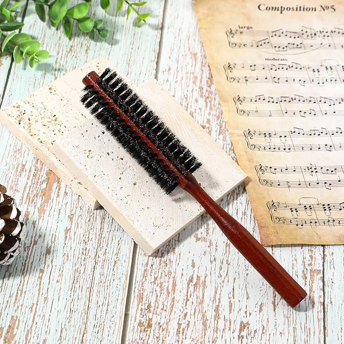 Small Boar Bristle Hair Brush, Portable Round Natural Bristle Travel Brush with Wood Handle for Thin or Short Hair, Adding Volume, Mini Beard Brush for Men