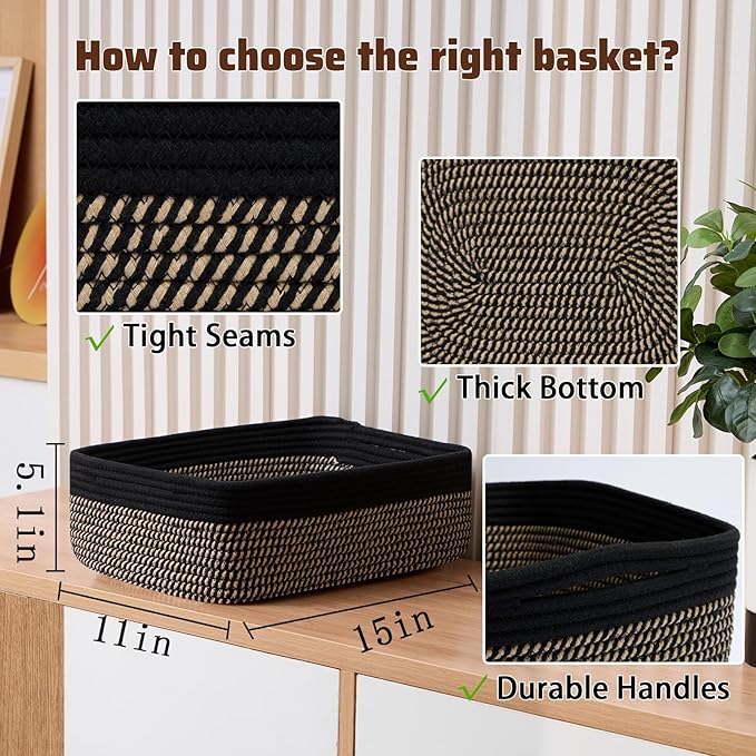 Large Shallow Organizing Baskets 15x11x5.1 Inches - Rope Woven Storage Bins for Bathroom, Shelves, Cube Closet, Black Woven Brown 4 Packs