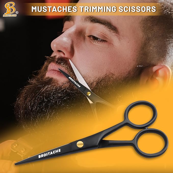 5” Professional Beard and Mustache Scissors, German Steel Beard Scissors Come with Mustache Comb, Beard Comb and Carrying Pouch. Grooming Scissor for All Facial Hair Scissors (Black)
