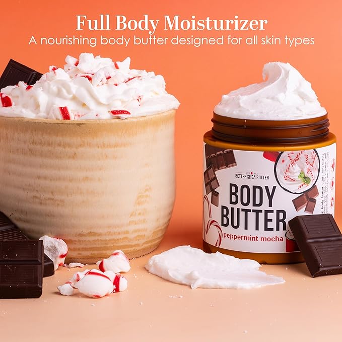 Peppermint Mocha Body Butter with Raw Shea Butter and Jojoba Oil, Full Body Moisturizer for Dry Skin, Hydrating Lotion for Women and Men