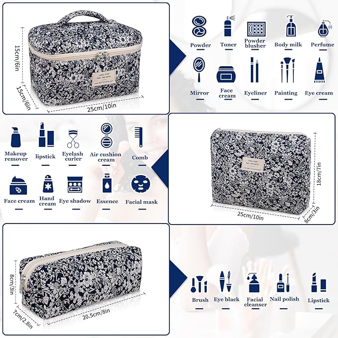 Makeup Bag Set, Quilted Makeup Bag, Large Floral Cosmetic Bag for Women, Cute Cotton Makeup Bags, Flower Travel Toiletry Organizer Bag (Black Rose Flower)