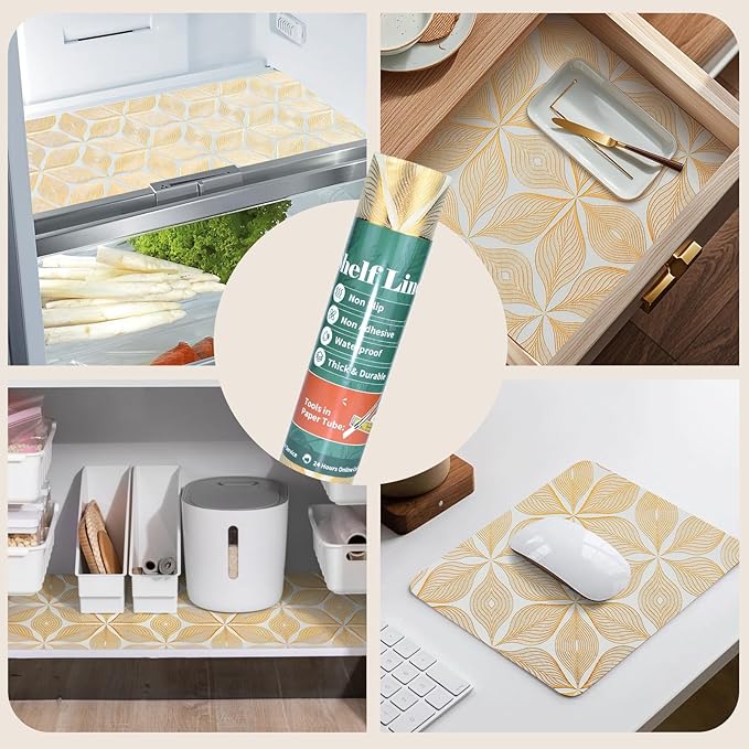 Drawer and Shelf Liner for Kitchen Cabinet,Non-Adhesive Waterproof Drawer Liner for Dresser & Bathroom Vanities with Adhesive Dots & Cutting Tool(24 in X 30 Ft Gold Leaf Pattern)