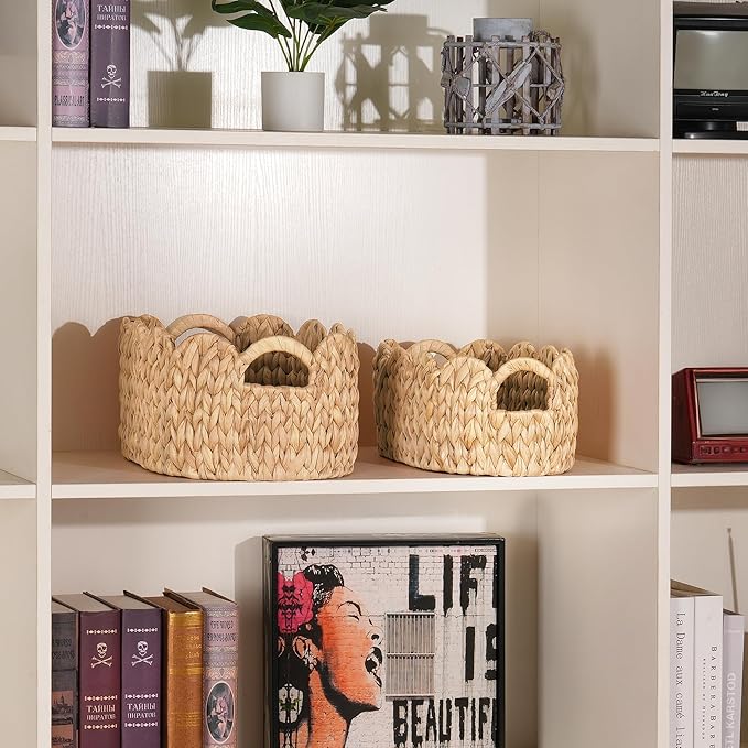 Scalloped Wicker Basket, Set of 2 Hand-Woven Natural Rattan Baskets with Built-in Handles, Water Hyacinth Storage Oval Cute Baby Baskets for Nursery, Organizing, Decor and Shelves
