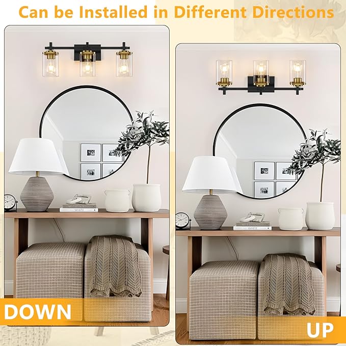 3-Lights Black and Gold Bathroom Light Fixtures Over Mirror, Modern Brushed Gold Vanity Lights for Bathroom, Sconces Wall Lighting with Square Glass Shade for Mirror Bedroom Hallway