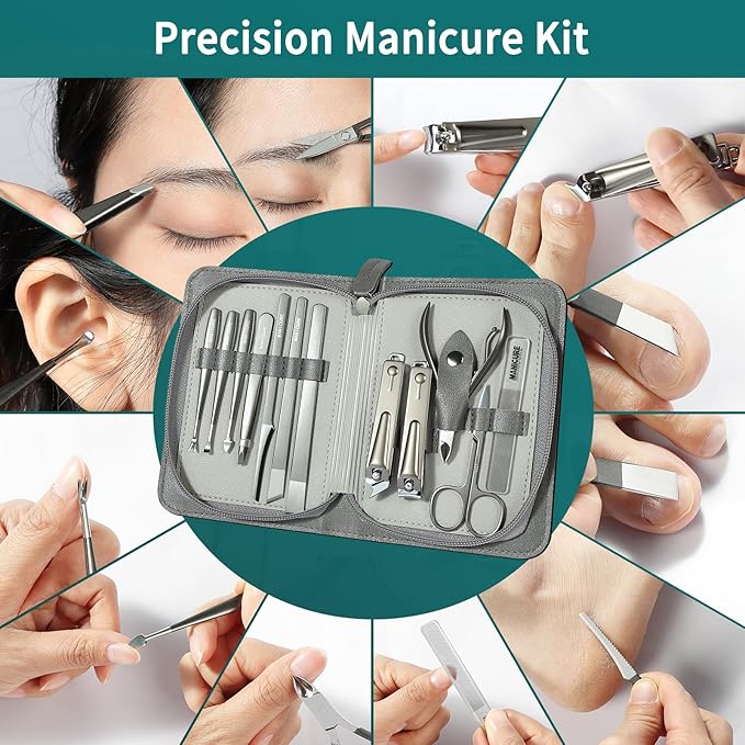 Manicure & Pedicure Set 12 in 1, Nail Clippers Set, Quality Fingernail& Toenail Clipper, Professional Nail Care Kit with Exquisite Leather Case for Men & Women (12 Pack)