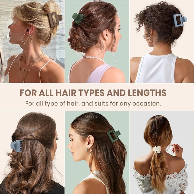 8 PCS Medium Hair Clips for Women Girls - 2 Styles Rectangle and Double Row Teeth Small Claw Clips for Thin Thick Hair, Matte Non-slip Strong Hold Jaw Clips Hair Accessories, Chic Colors