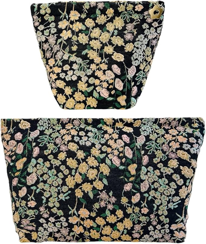 2 Pcs Makeup Bags, Large Cosmetic Bag Travel Toiletry Bag Organizer for Women, Embroidery Craft, Floral Makeup Bag Small Cosmetic Pouch Purse with Zipper Gifts for Girls Teen