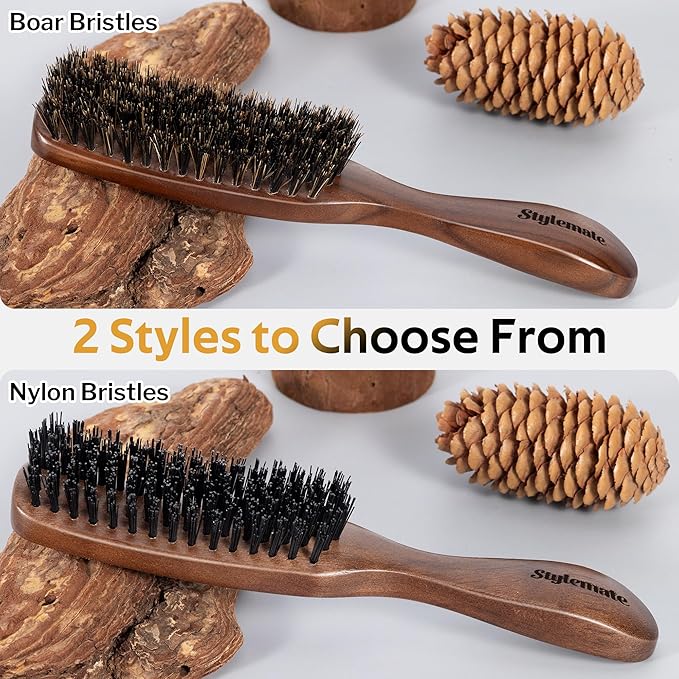 Hair Brush for Men, Mens Boar Bristle Slick Back Hair Brush with Natural Stiff Bristles & Wooden Walnut Handle for Thick & Fine Hair Smoothing, Detangling, Styling, Beard Straightens