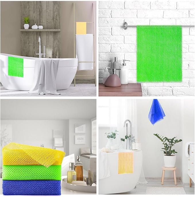 UJFQBH 3 Pieces African exfoliating net African Net Long Net Bath Sponge Exfoliating Shower Body Scrubber Back Scrubber Skin Smoother,Great for Daily Use (Yellow, Green, Blue)