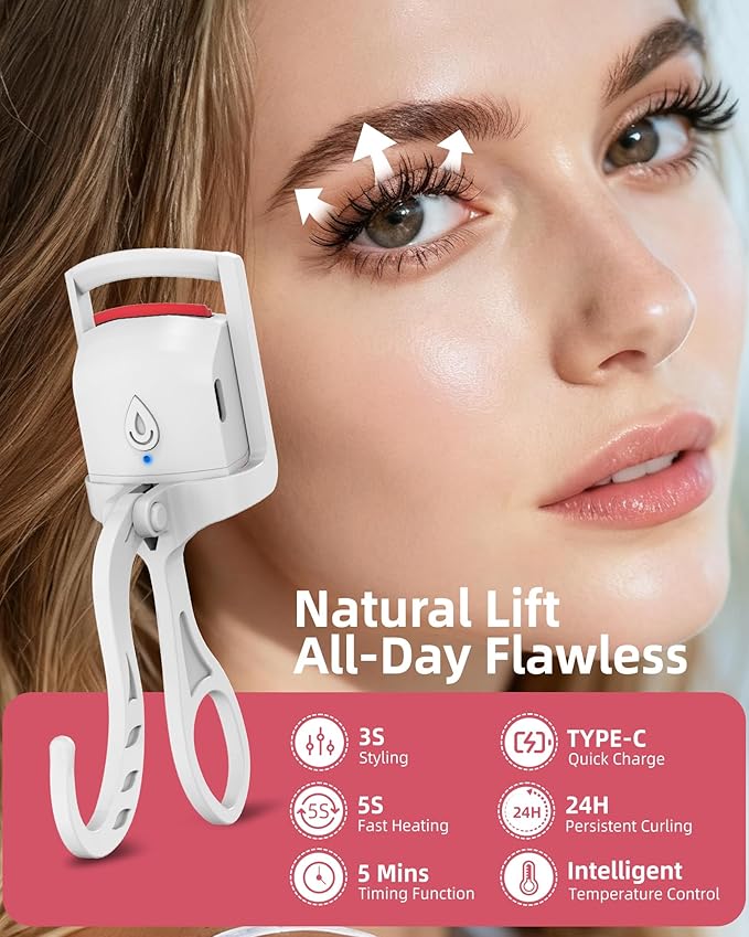 Heated Eyelash Curler, 5s Fast Heating Electric Eyelash Curler, Safe Anti-Burn Eyelash Curlers with Silicone Pad, Type-C Quick Charge, Intelligent Temp Control, 24H Long-Lasting Curls (White)