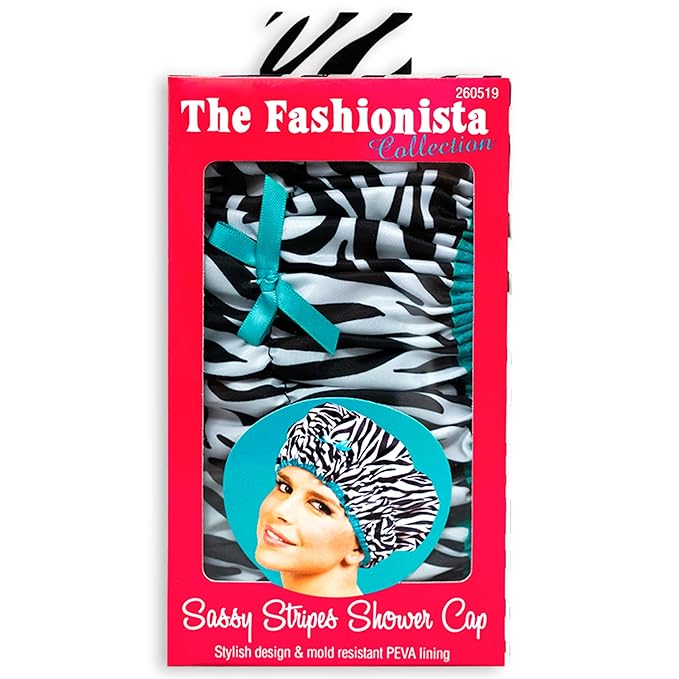 Reusable Shower & Bath Cap & Lined, Oversized Waterproof Shower Caps Large Designed for all Hair Lengths with PEVA Lining & Elastic Band Stretch Hem Hair Hat - Fashionista Sassy Stripes