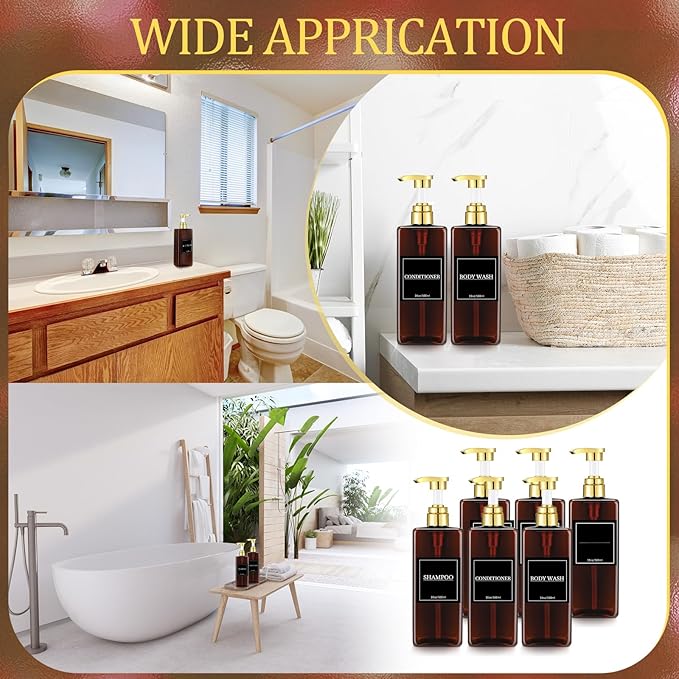 Gejoy 12 Pack Amber Shampoo and Conditioner Dispenser Bottles, 17 Oz/ 500ml Refillable Empty Pump Bottles with Labels and Marker Pen, Plastic Square Pump Dispenser Bottle for Bathroom Body Wash Shower
