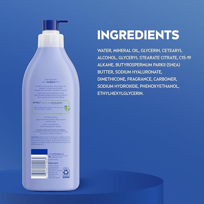 NIVEA Shea Nourish Body Lotion for Dry Skin with Hyaluronic Acid, Shea Butter and Deep Nourishing Serum, 48-Hour Body Moisturizer, 16.9 Fl Oz Pump Bottle