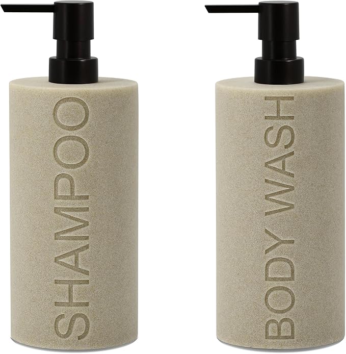 Resin 2 Pack Shampoo, Conditioner or Body Wash Dispenser Set, Luxurious Refillable Pump Bottles with Matte Pump Top and Embossed Text, Durable Design for Bathroom and Shower