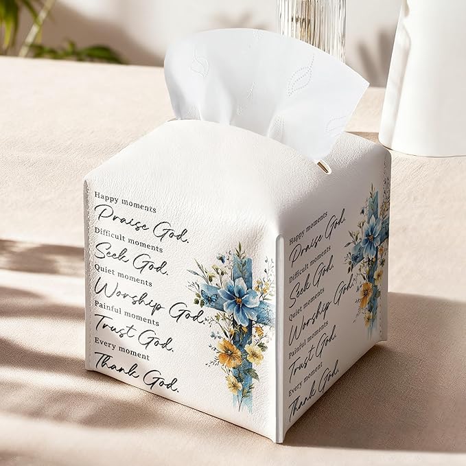 Cross Easter Tissue Box Cover, PU Leather Drawstring Bottom - God Bible Verse, Wildflower Cross Decor, Thank You, Farewell, for Friends, Colleagues, Christians | Decorative Organizer
