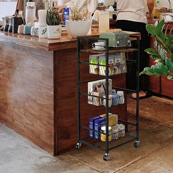 Sunexinlo 4-Tier Kitchen Rolling Cart with 3 Pull-Out Wire Baskets, Wooden Top and 360° Wheels, Narrow Kitchen Storage Cart for Fruit, Vegetable, Pantry, Bathroom, Laundry Room, Rustic Brown