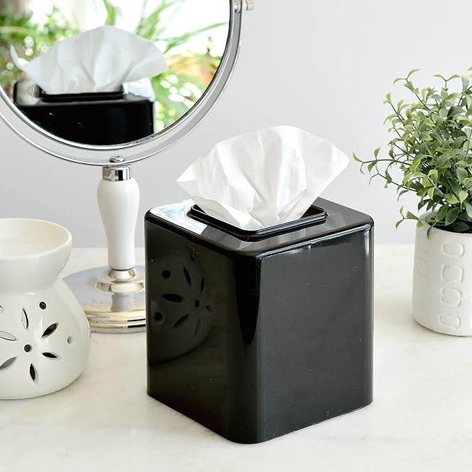 Youngever 2 Pack Tissue Box Covers, Plastic Square Tissue Box Holders, Square Napkin Box Holders (Black)