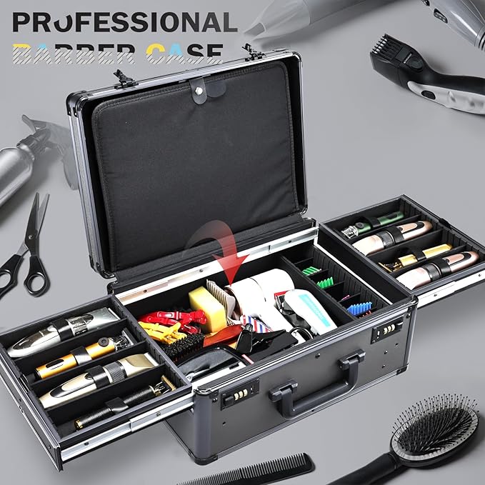 Barber Case with Clippers Sliding Tray, Profesional Barbers Briefcase Tool Case, Travel Barber Cases for Clippers and Supplies, Hair Scissors Trimmer Organizer, Salon Grooming Hard Suitcase