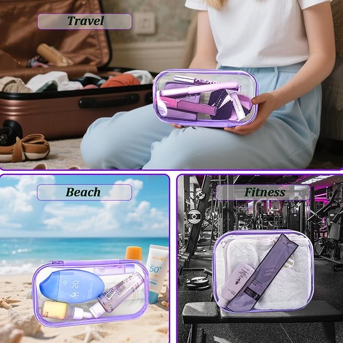 3 Pcs Clear Hard Zipper Case, Hard Shell Plastic Clear Organizer Bag, Transparent Makeup Pouches, Portable Box for Travel Toiletries Storage Bins (Purple)