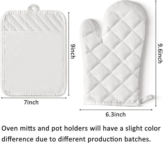 GROBRO7 6Pcs Cotton Oven Mitts and Pot Holders Set Heat Resistant Hot Pads Machine Washable BBQ Gloves with Hanging Loop Durable Pocket Pot Holder for Kitchen Baking Grilling Cooking White