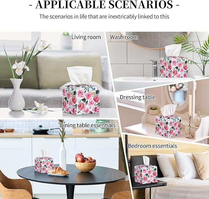 Pink Flowers and Green Leaves Tissue Box Cover Square,Abstract Watercolor Floral Tissue Box Holder Waterproof Leather Facial Paper Organizer Dispenser for Bathroom Home Car Nightstand Vanity Desk