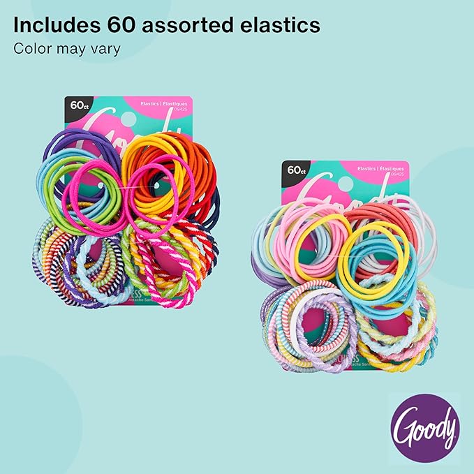Goody Kids Ouchless Hair Elastics – No Pull, No Breakage, Tangle-Free Hold for Fine Hair – 60 Count, Assorted Colors, Long-Lasting Ponytail Holders for Girls & Boys