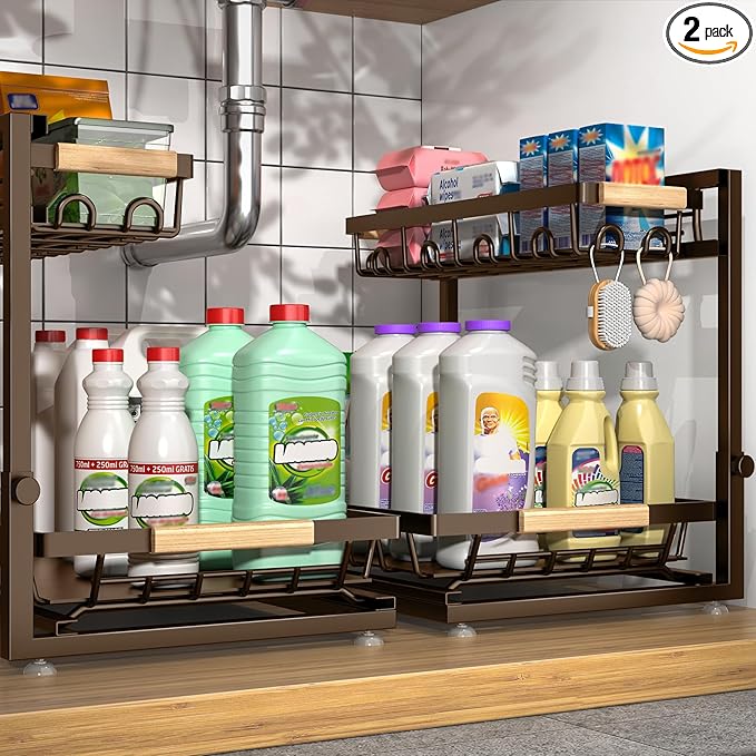 2 Packs Under Sink Organizer, Height Adjustable 2 Tier Under Kitchen Sink Organizer, Multi-Purpose Storage Shelf for Kitchen Bathroom Cabinet (Brown, Extra Large)