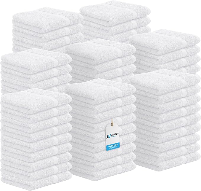 Avalon Towels Cotton Washcloths – (Pack of 72) Size 12x12 Inches, 100% Ring Spun Cotton, Soft & Absorbent Face Towels, Gym Towels, Hotel and Spa Quality, Reusable Fingertip Towels (White)