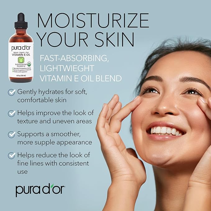 PURA D'OR 4 Oz Organic Vitamin E Oil 70,000 IU, USDA Certified Face, Body, Hair & Bath Oil with Argan, Jojoba, Rosehip, Apricot, Almond & Avocado, Lightweight Moisturizing Blend for Soft, Smooth Skin