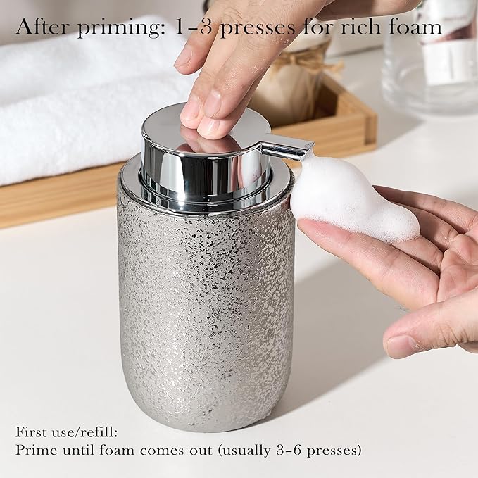 Foam Soap Dispenser-12oz Ceramic Foaming Soap Dispenser for Bathroom-Silver Foam Dispenser for Kitchen-Hand Soap Bottle for Countertop