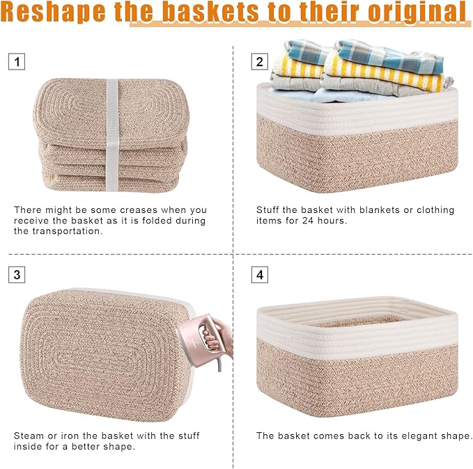 OIAHOMY 4 Pack Storage Baskets for Organizing, Small Bins for Shelves, Cute Decorative Storage Bins, Organizer Baskets for Gifts Empty,13''Lx8.7''Wx5.1''H, Brown/White