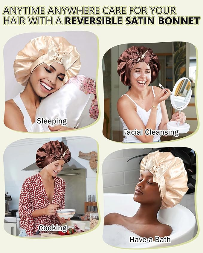 Satin Bonnet Silk Hair Bonnets for Women Curly Hair Wrap Night Cap Double Layer Sleep Cap Reversible with Tie Band (Brown + Champagne)