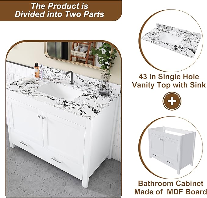 Montary 42" Bathroom Vanity with 43" Artificial Marble Black White Top, Modern Stylish MDF Bathroom Storage Cabinet, Vanity Set with 2 Doors and One Large Divided Drawer, White (Single Hole)