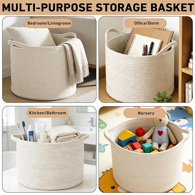 65L Large Blanket Basket,19.7" L x 19.7" W x 13" H Rope Woven Baskets with Handles, Toys Storage Bins,Laundry Basket Perfect for Living Room, Nursery,Bedroom,Home Organization,White