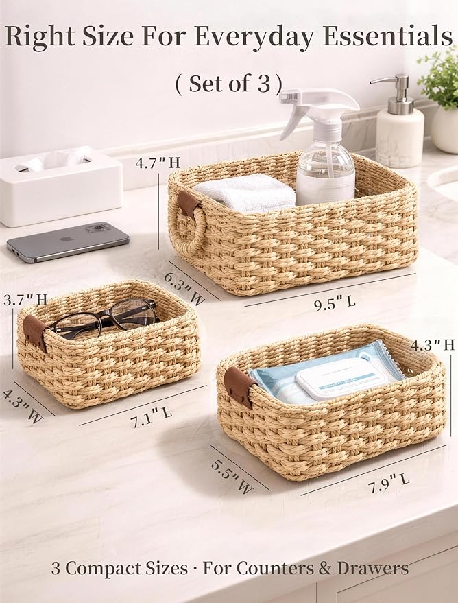 Storage Basket, Recycled Paper Rope Bathroom Basket Organizer, 3Pcs Small Baskets for Organizing, Mini wicker Basket for Decorative Storage Bins, Shelves, Bathroom, Cabinet - Beige