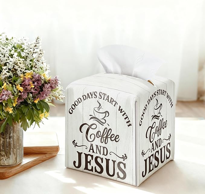 Coffee Bar Tissue Box Cover Square, Good Days Start with Coffee and Jesus Waterproof Leather Tissue Box Holder, Farmhouse Paper Facial Tissue Box Covers Cube for Office Home Cafe Station