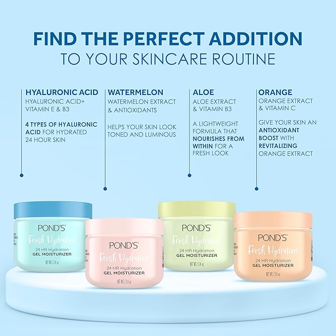 POND’S Fresh Hydration Gel Moisturizer – 24 HR Hydration with Vitamin E, Hyaluronic Acid & Vitamin B3 – Alcohol & Oil-Free Face Moisturizer – Dermatologist Tested, 3.4 oz