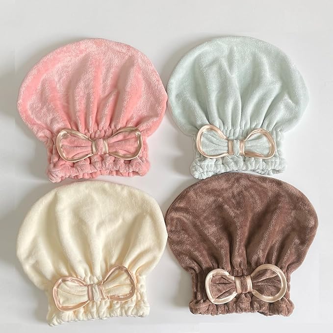Jseng Microfiber Hair Towel Caps, 3 Packs, Fast Drying, Cute Bowtie Design, Cream, Khaki, Pink, Women & Girls Aged 14 And Above