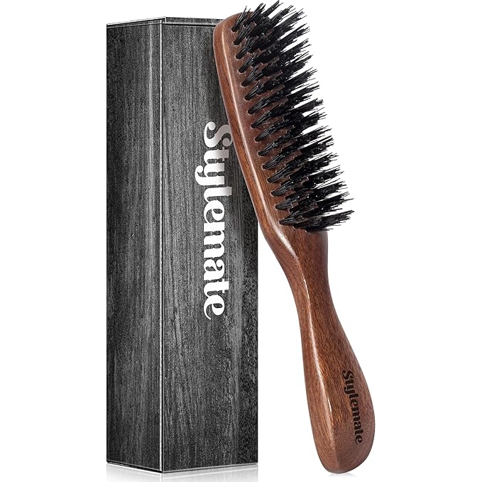 Hair Brush for Men, Mens Slick Back Hair Brush with Stiff Nylon Bristles & Wooden Walnut Handle for Thick & Fine Hair Smoothing, Detangling, Styling, Beard Straightens