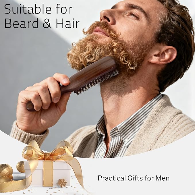 Hair Brush for Men, Mens Boar Bristle Slick Back Hair Brush with Natural Stiff Bristles & Wooden Walnut Handle for Thick & Fine Hair Smoothing, Detangling, Styling, Beard Straightens
