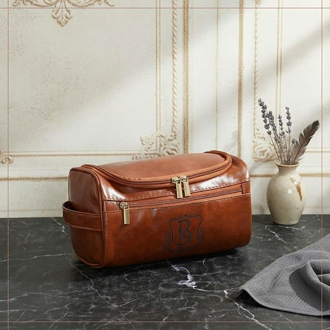 Sadnyy Personalized Leather Toiletry Bag for Men Initial Travel Bag with Hook Monogrammed Toiletry Pouch Leather Travel Bathroom Kit with Side Handle for Him Dad Husband Anniversary Birthday Gifts(B)